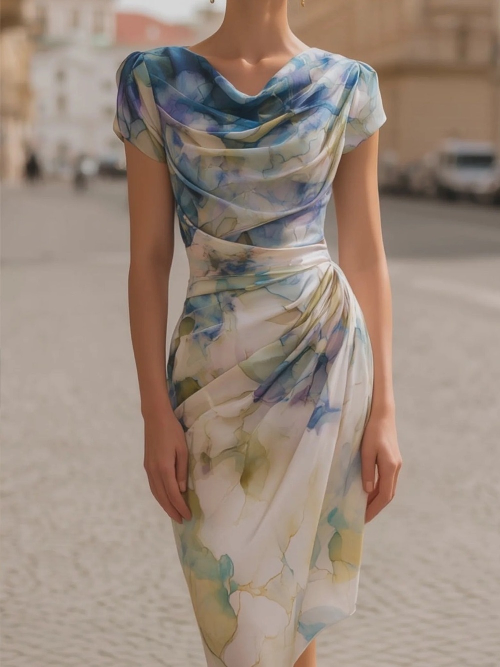 Watercolor Draped Midi Dress in Blue & Green